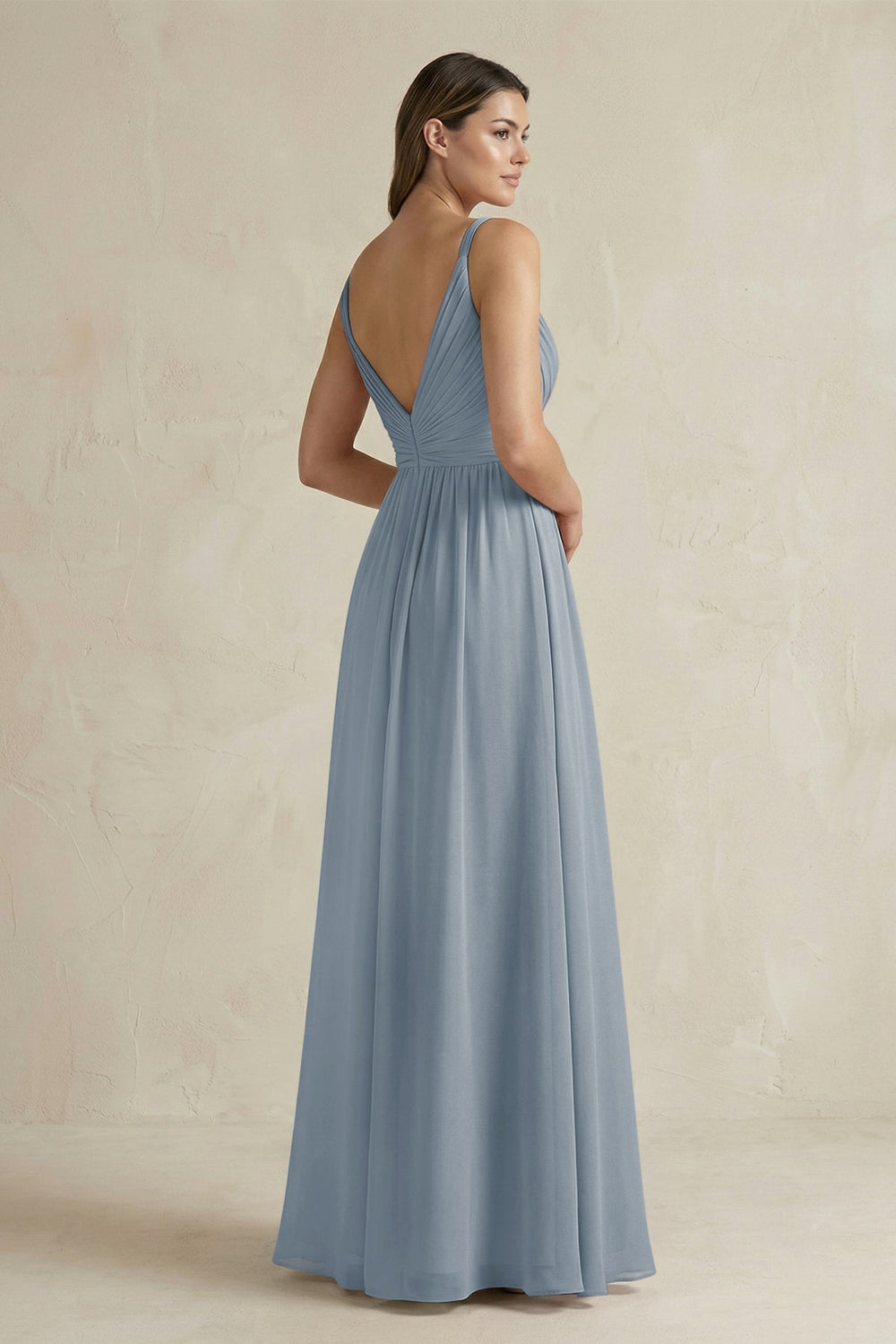 V-Neck Pleated A-Line Chiffon Bridesmaid Dress in Dusty Blue