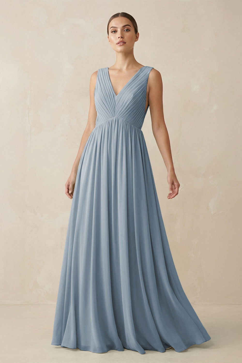 V-Neck Pleated A-Line Chiffon Bridesmaid Dress in Dusty Blue