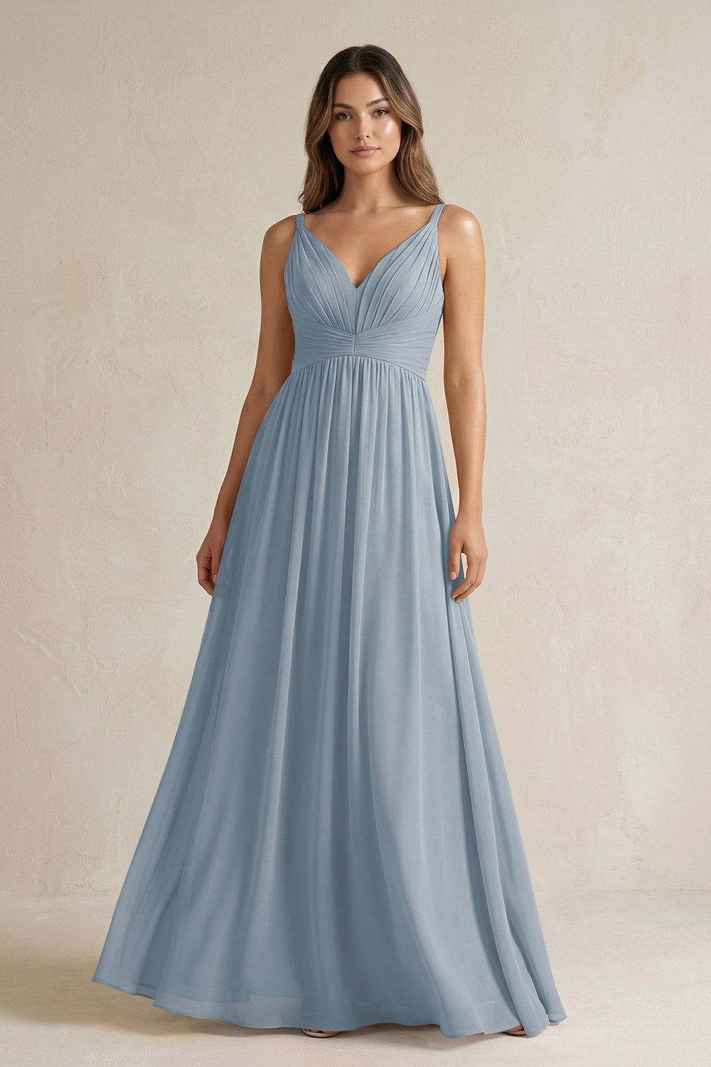 V-Neck Pleated A-Line Chiffon Bridesmaid Dress in Dusty Blue