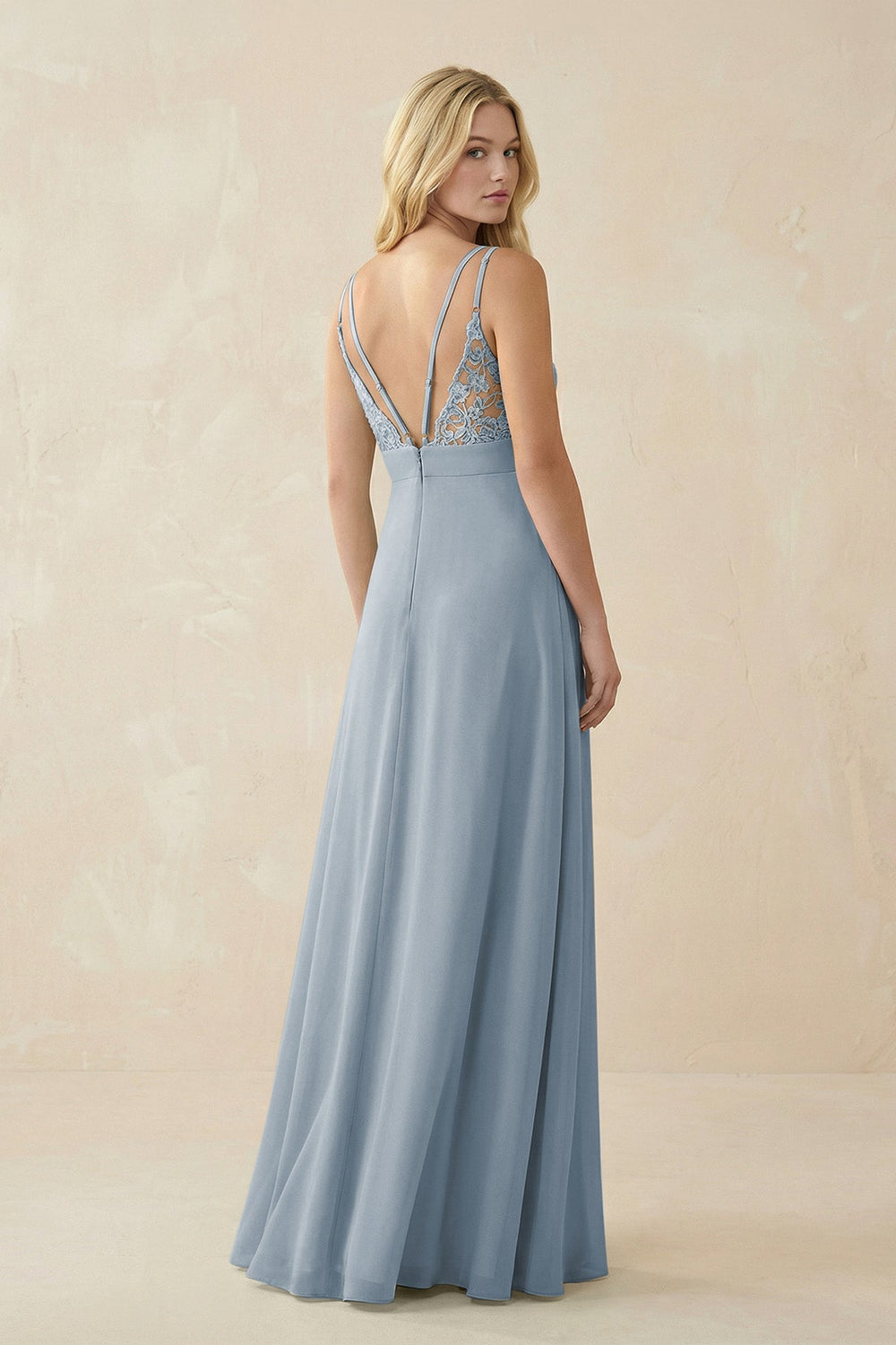 V-Neck Ruched Chiffon Bridesmaid Dress with Slit in Dusty Blue