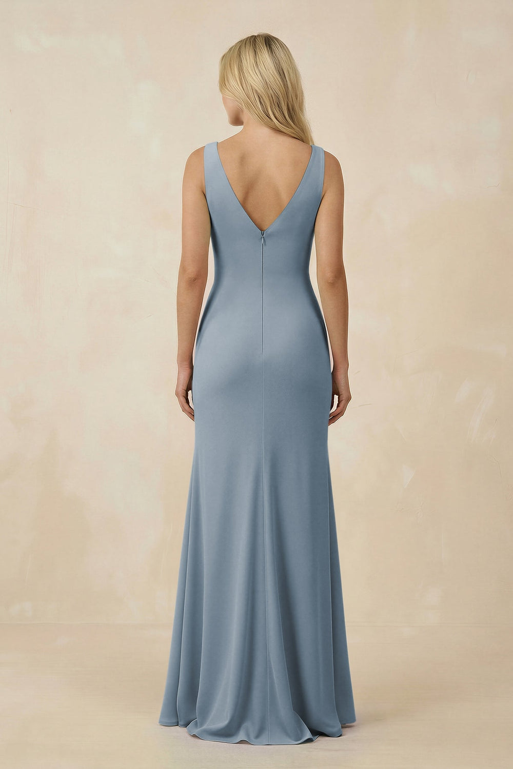 V-Neck Ruched Sheath Bridesmaid Dress with Slit in Dusty Blue