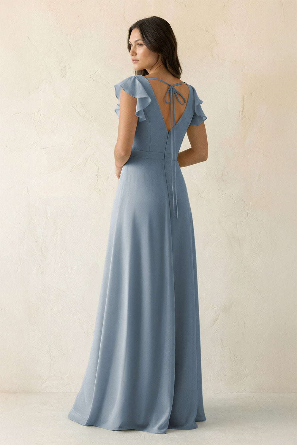 V-Neck Ruffled A-Line Chiffon Bridesmaid Dress in Dusty Blue