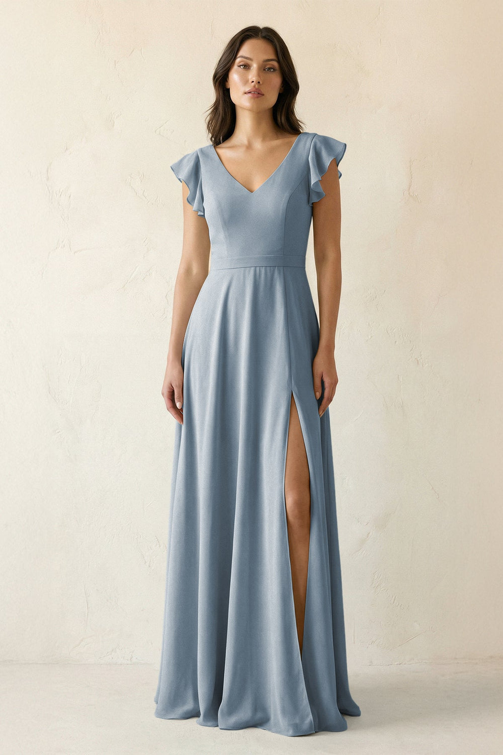 V-Neck Ruffled A-Line Chiffon Bridesmaid Dress in Dusty Blue