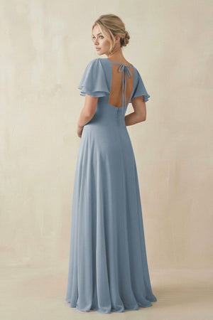 Dusty Blue V-Neck Ruffled Short Sleeves A-Line Bridesmaid Dress (2) | KISSBRIDAL