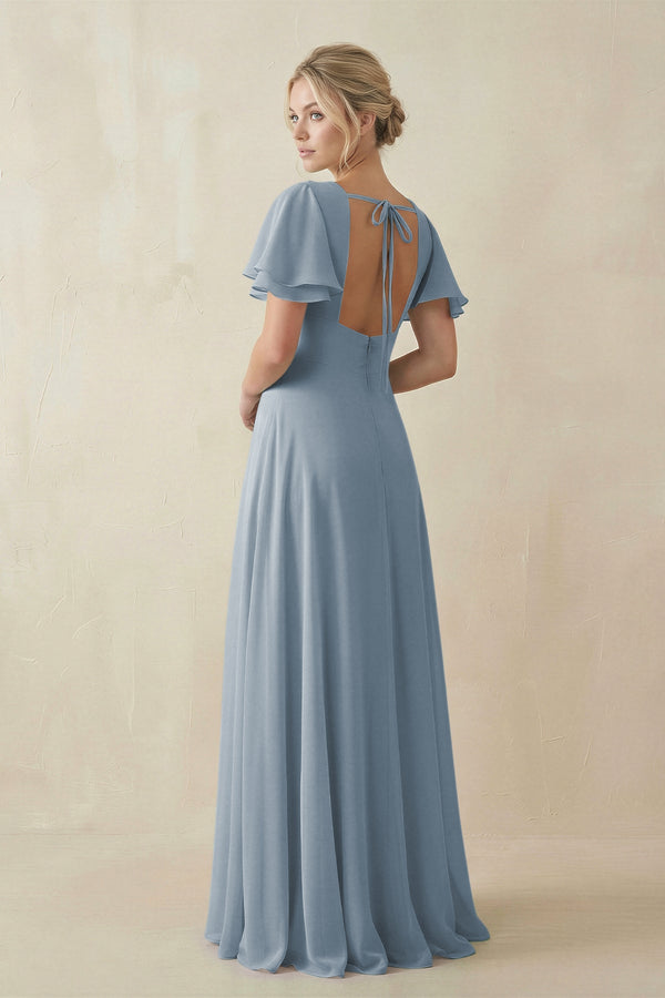 Dusty Blue V-Neck Ruffled Short Sleeves A-Line Bridesmaid Dress (2) | KISSBRIDAL
