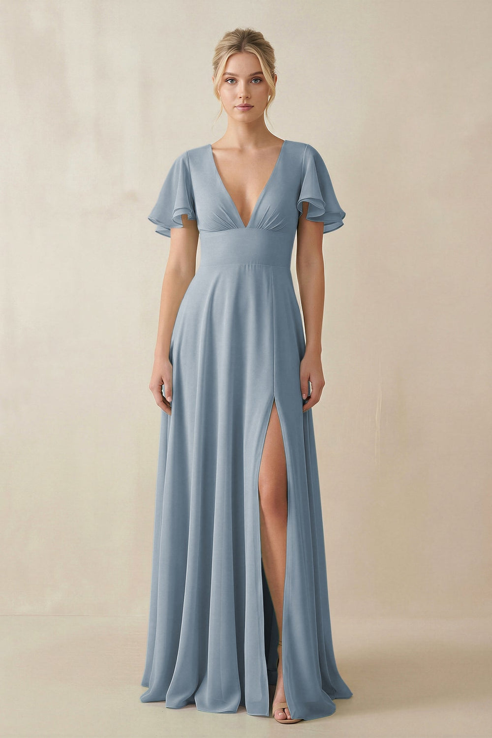 V-Neck Ruffled Short Sleeves A-Line Bridesmaid Dress in Dusty Blue
