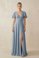 Dusty Blue V-Neck Ruffled Short Sleeves A-Line Bridesmaid Dress | KISSBRIDAL