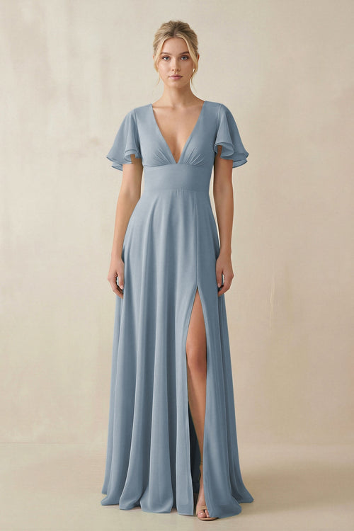 Dusty Blue V-Neck Ruffled Short Sleeves A-Line Bridesmaid Dress | KISSBRIDAL