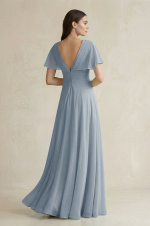 Dusty Blue V-Neck Ruffled Sleeve A-Line Chiffon Bridesmaid Dress (2) | KISSBRIDAL