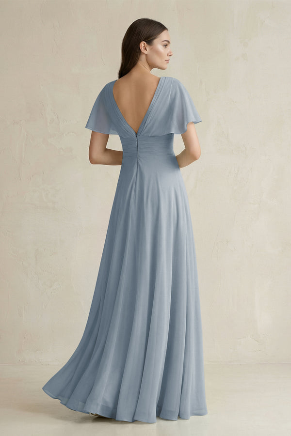 Dusty Blue V-Neck Ruffled Sleeve A-Line Chiffon Bridesmaid Dress (2) | KISSBRIDAL