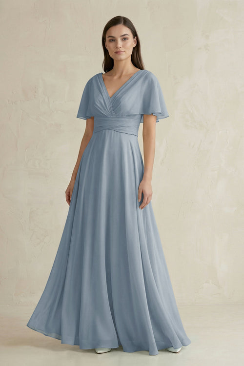 Dusty Blue V-Neck Ruffled Sleeve A-Line Chiffon Bridesmaid Dress | KISSBRIDAL