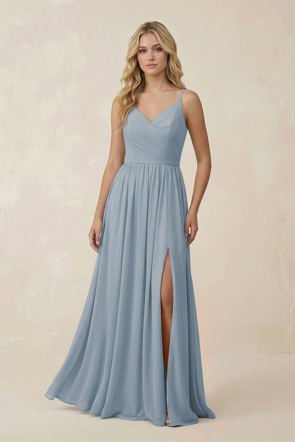 V-Neck Spaghetti Strap A-Line Chiffon Bridesmaid Dress in Dusty Blue
