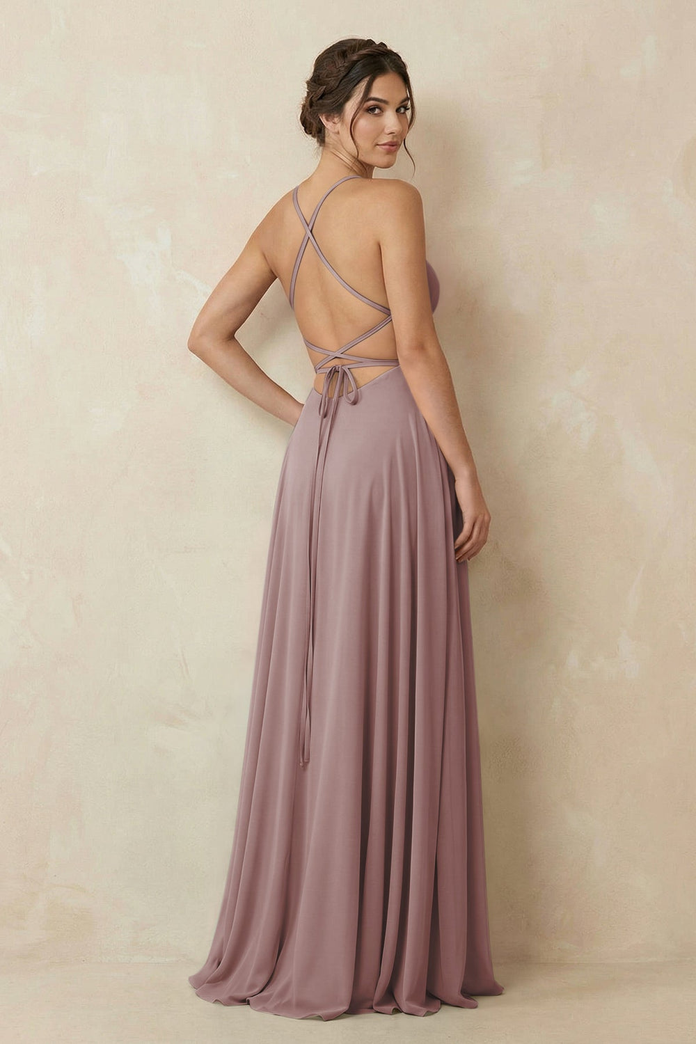 A-Line Chiffon Bridesmaid Dress With Slit in Dusty Rose