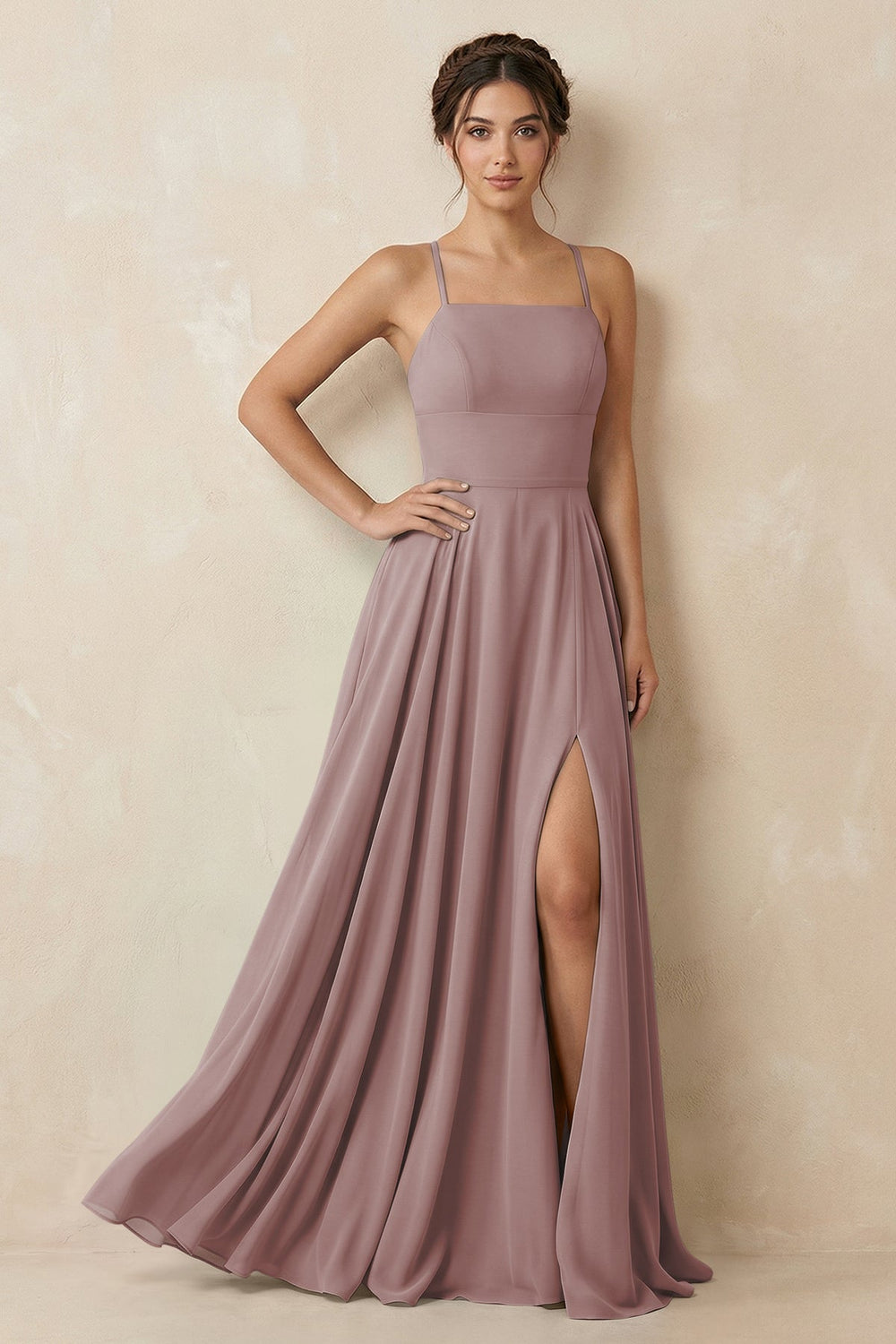 A-Line Chiffon Bridesmaid Dress With Slit in Dusty Rose