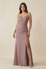 Dusty Rose Cami Strap Sheath Chiffon Bridesmaid Dress with Slit | KISSBRIDAL