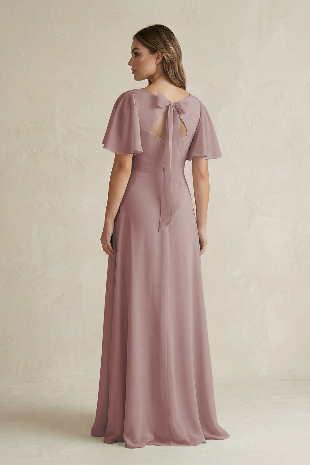 Flutter Sleeve V-Neck A-Line Chiffon Bridesmaid Dress in Dusty Rose