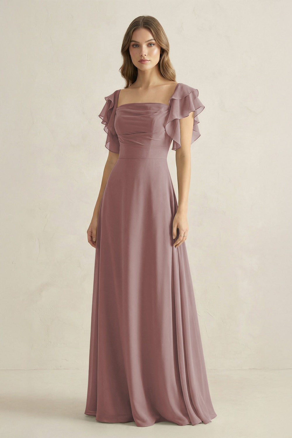 Ruffled Sleeves A-Line Chiffon Bridesmaid Dress in Dusty Rose