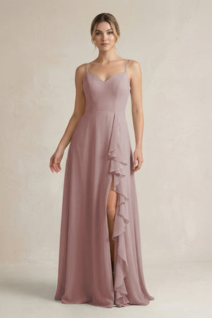 Dusty Rose Sweetheart Ruffled A-Line Chiffon Bridesmaid Dress with Slit | KISSBRIDAL