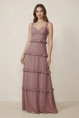 Dusty Rose Sweetheart Tiered A-Line Chiffon Bridesmaid Dress | KISSBRIDAL