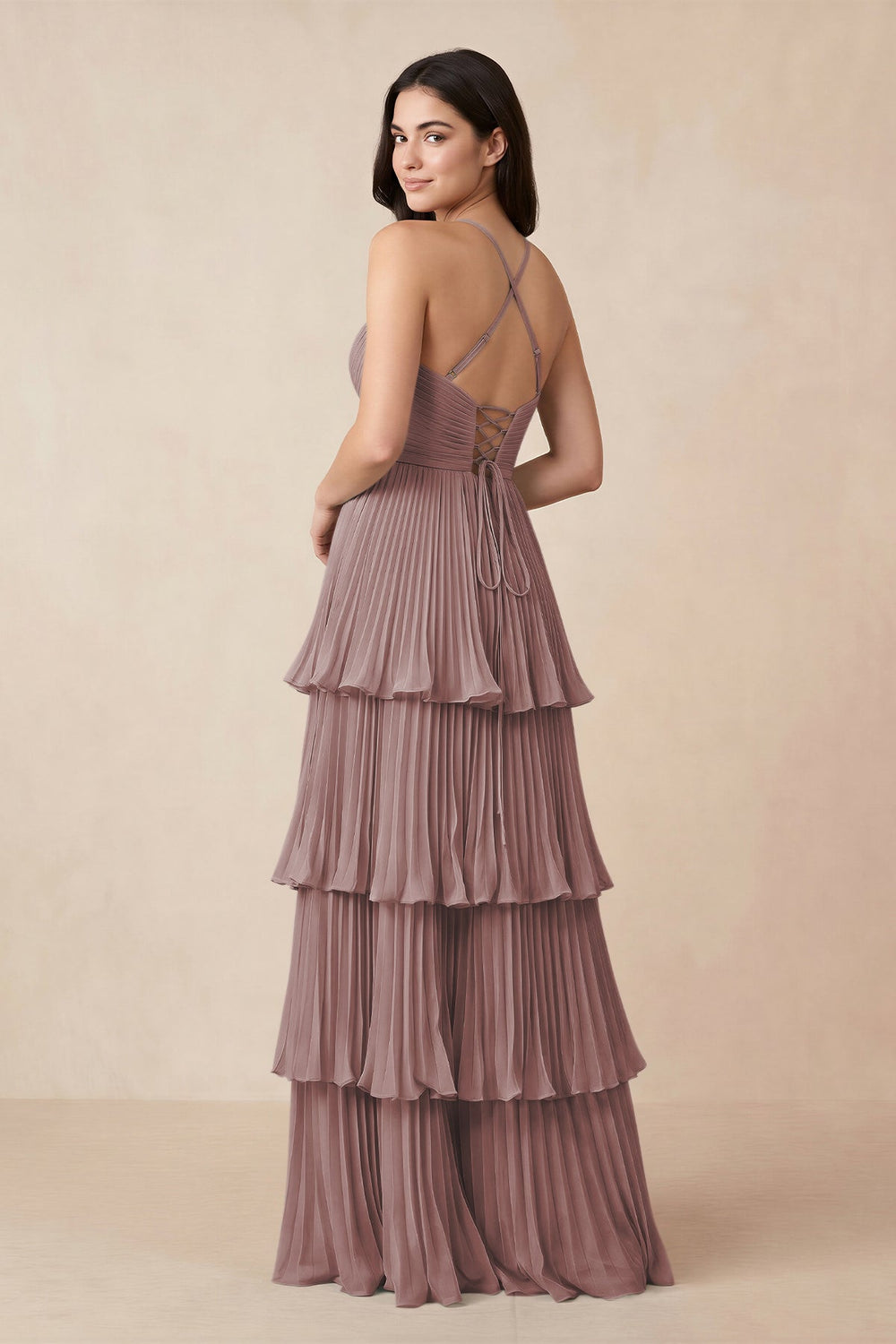 Tiered Pleated V-Neck A-Line Chiffon Bridesmaid Dress in Dusty Rose