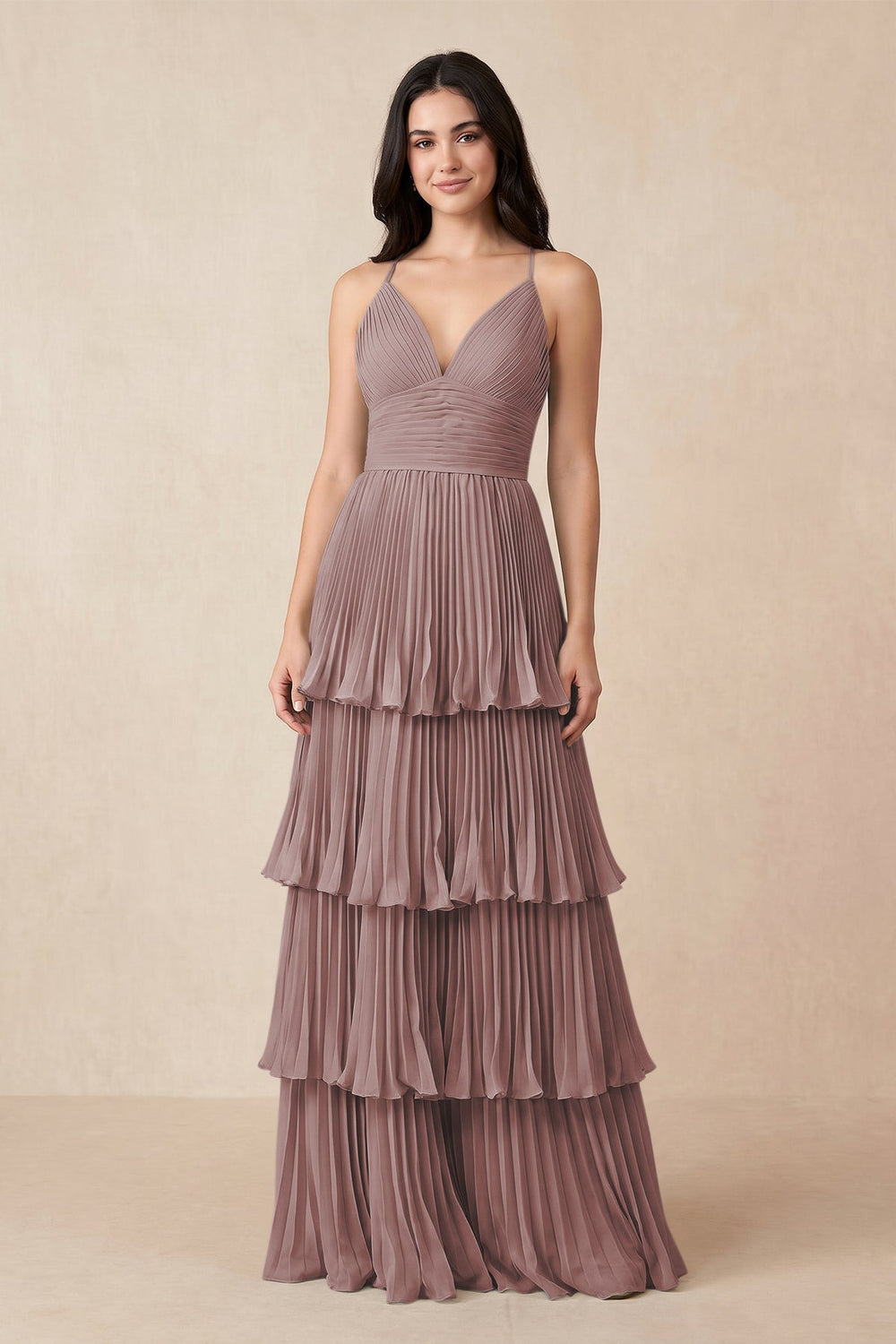 Tiered Pleated V-Neck A-Line Chiffon Bridesmaid Dress in Dusty Rose