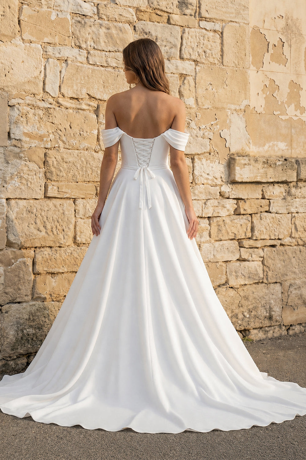 Off The Shoulder Chiffon Wedding Dress With Slit in White