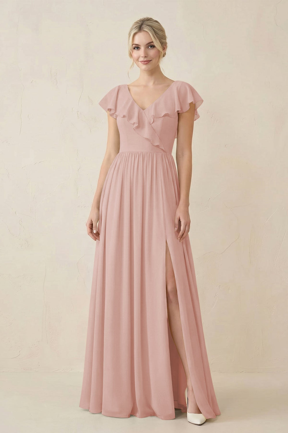 Cap Sleeve A-Line Ruffled Chiffon Bridesmaid Dress in English Rose
