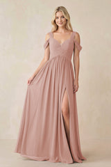 English Rose Chiffon A-Line Bridesmaid Dress with Slit | KISSBRIDAL