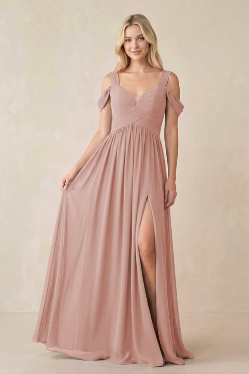 English Rose Chiffon A-Line Bridesmaid Dress with Slit | KISSBRIDAL