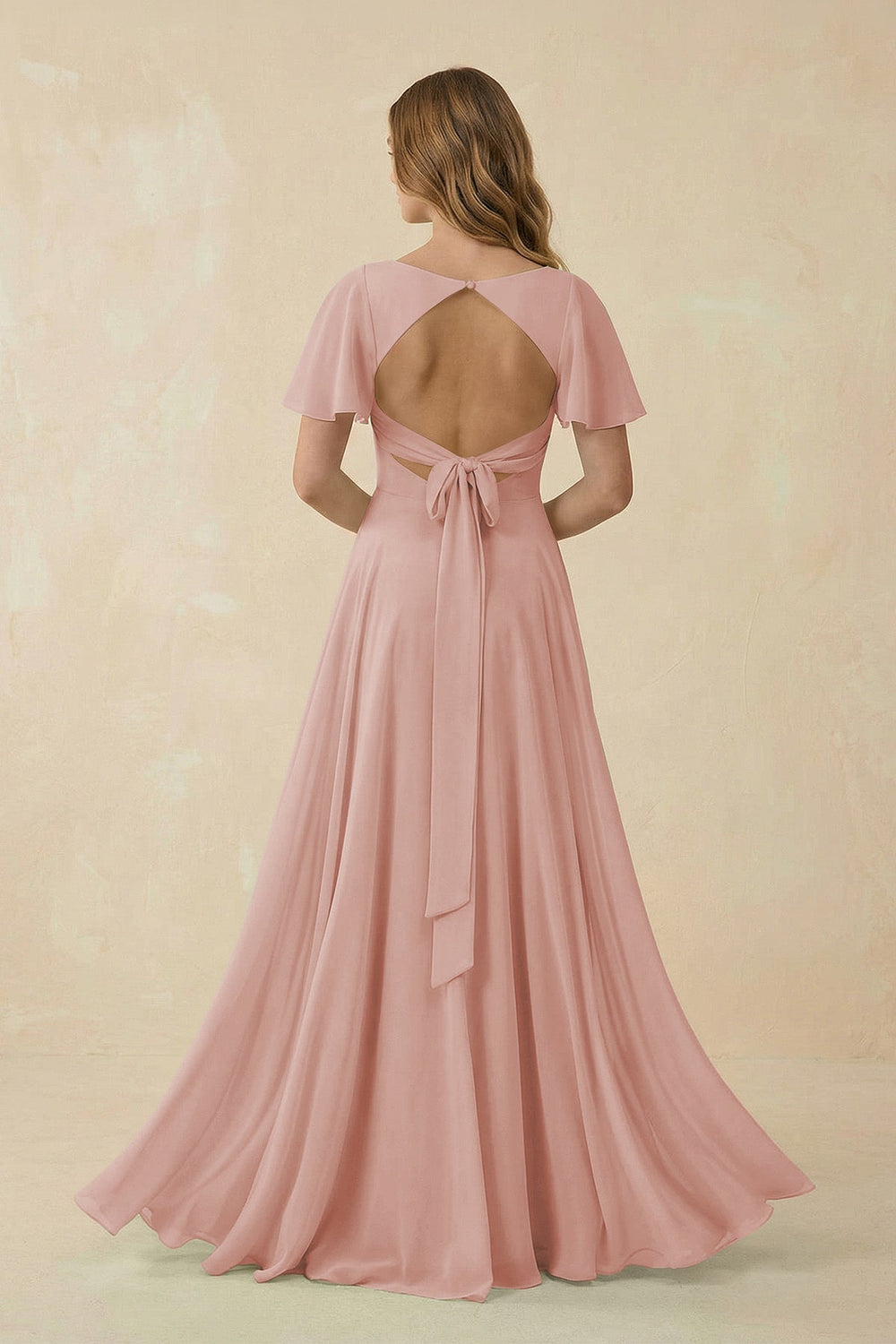 Flutter Sleeve V-Neck Chiffon A-Line Bridesmaid Dress in English Rose