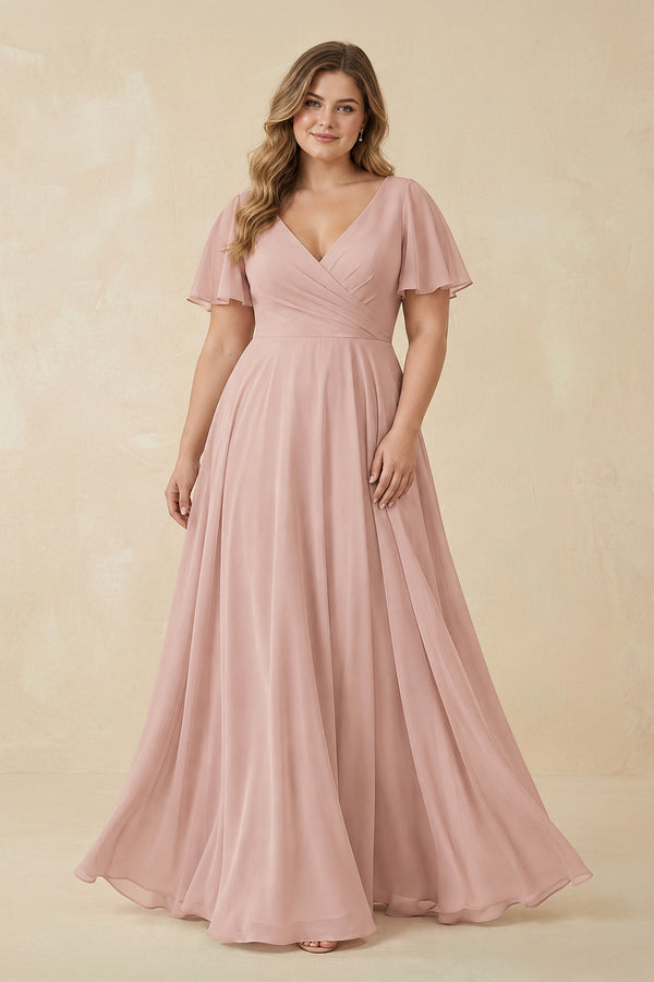 English Rose Flutter Sleeve V-Neck Chiffon A-Line Bridesmaid Dress [sizeplus] | KISSBRIDAL
