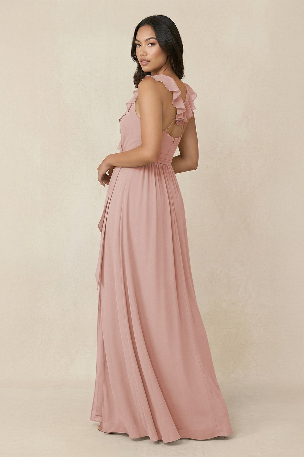 Ruffled V-Neck A-Line Chiffon Bridesmaid Dress in English Rose