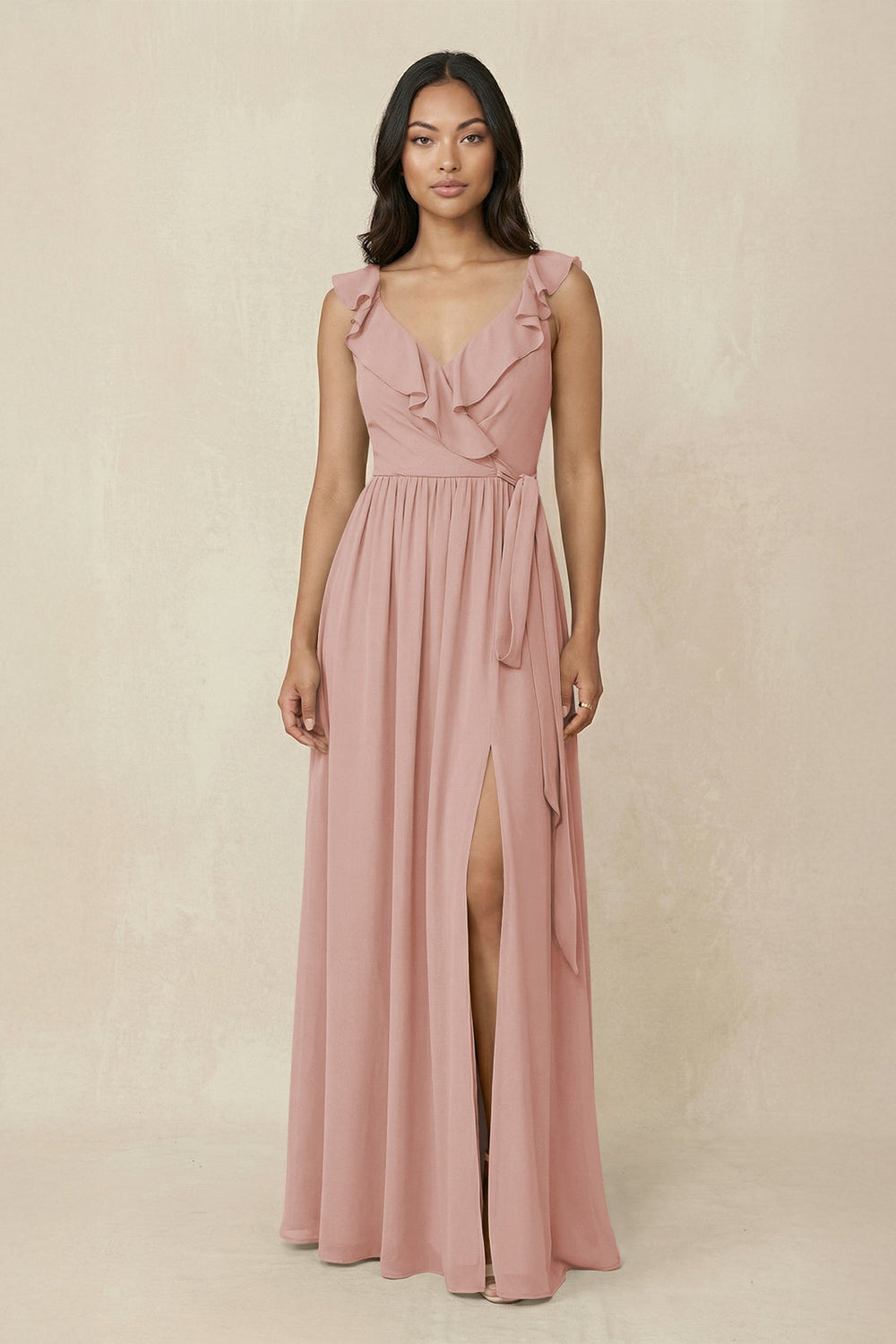 Ruffled V-Neck A-Line Chiffon Bridesmaid Dress in English Rose
