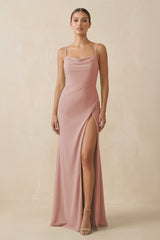 English Rose Sheath Spaghetti Straps Chiffon Long Bridesmaid Dress | KISSBRIDAL