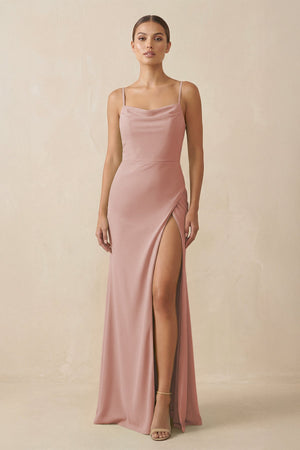 English Rose Sheath Spaghetti Straps Chiffon Long Bridesmaid Dress | KISSBRIDAL