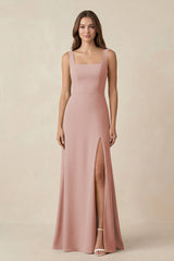 English Rose Square Neck A-Line Bridesmaid Dress With Slit | KISSBRIDAL