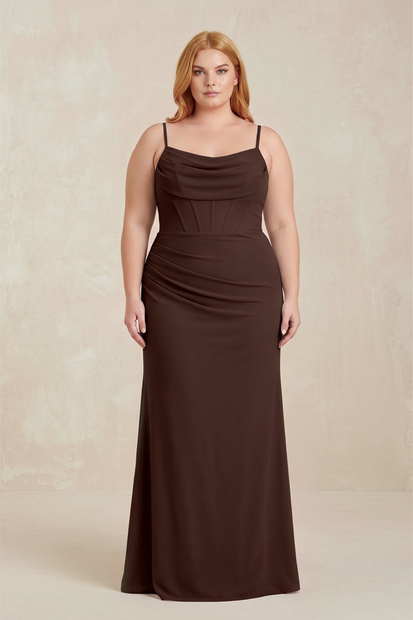 Espresso Cowl Neck Sheath Chiffon Bridesmaid Dress with Corset [sizeplus] | KISSBRIDAL