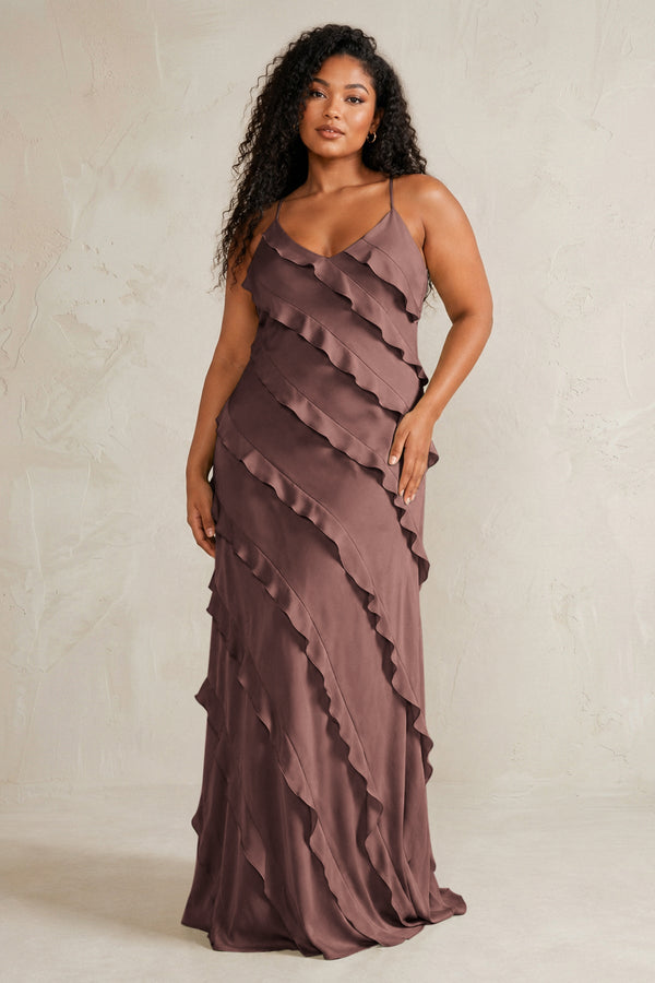 Espresso Spaghetti Straps Sheath Stain Ruffled Bridesmaid Dress (3) | KISSBRIDAL[sizeplus]