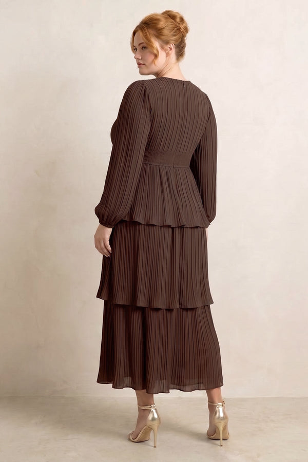 Espresso V-Neck Tiered A-Line Chiffon Midi Bridesmaid Dress (2) [sizeplus] | KISSBRIDAL