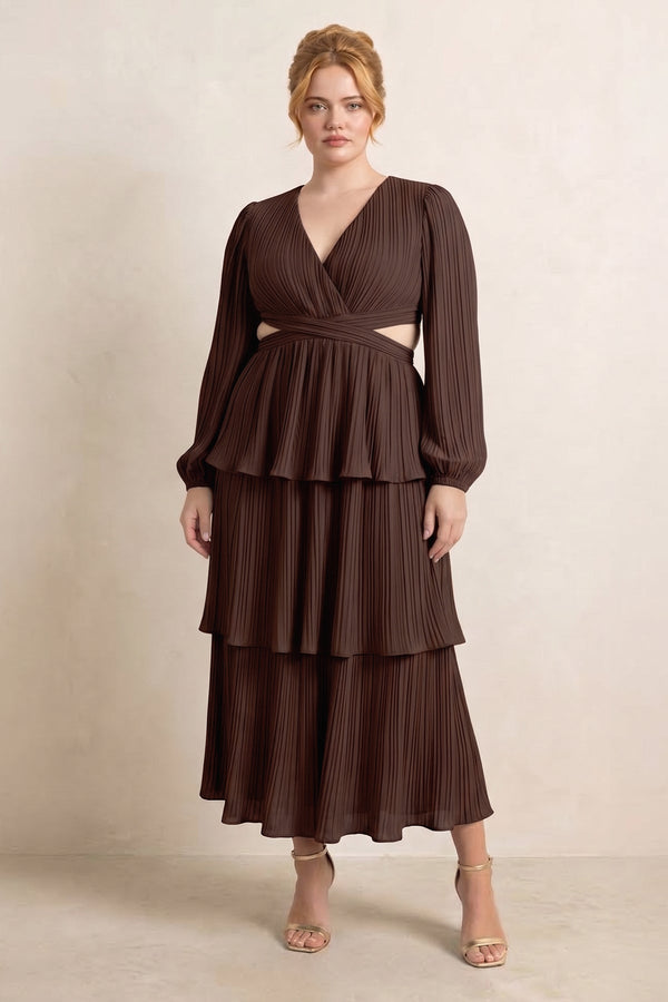 Espresso V-Neck Tiered A-Line Chiffon Midi Bridesmaid Dress [sizeplus] | KISSBRIDAL