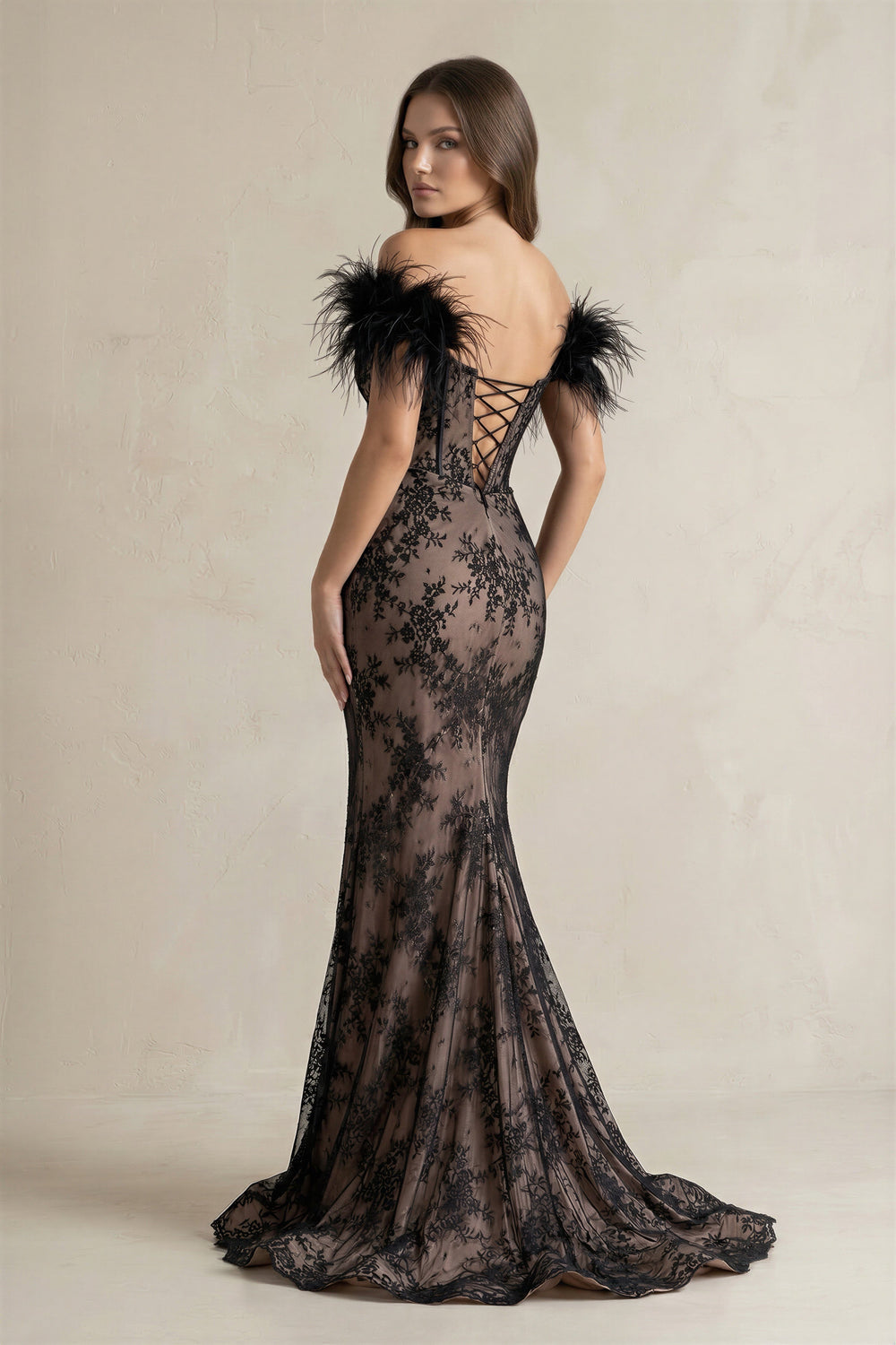Feather Off-the-Shoulder Mermaid Corset Lace Wedding Dress With Slit in Black
