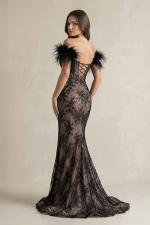 Feather Off - the - Shoulder Mermaid Corset Lace Wedding Dress With Slit in Black - KISS BRIDAL Wedding Dresses