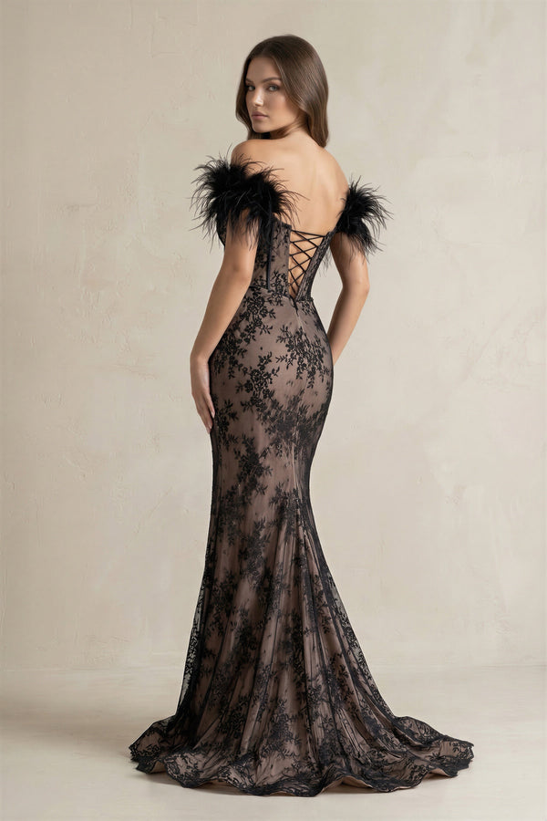 Feather Off - the - Shoulder Mermaid Corset Lace Wedding Dress With Slit in Black - KISS BRIDAL Wedding Dresses