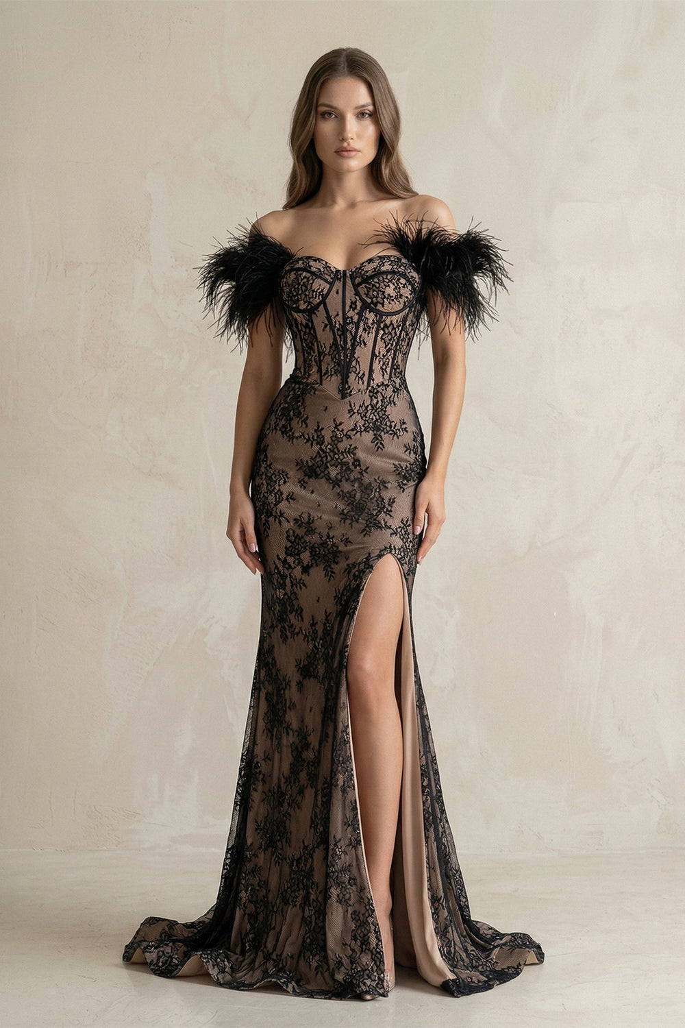 Feather Off-the-Shoulder Mermaid Corset Lace Wedding Dress With Slit in Black