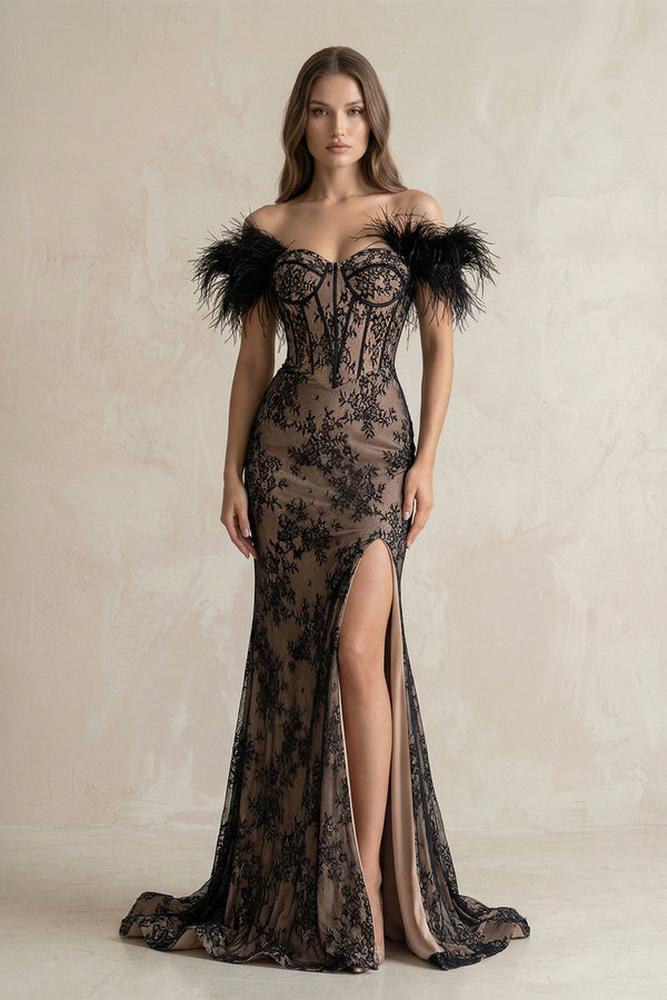 Feather Off - the - Shoulder Mermaid Corset Lace Wedding Dress With Slit in Black - KISS BRIDAL Wedding Dresses