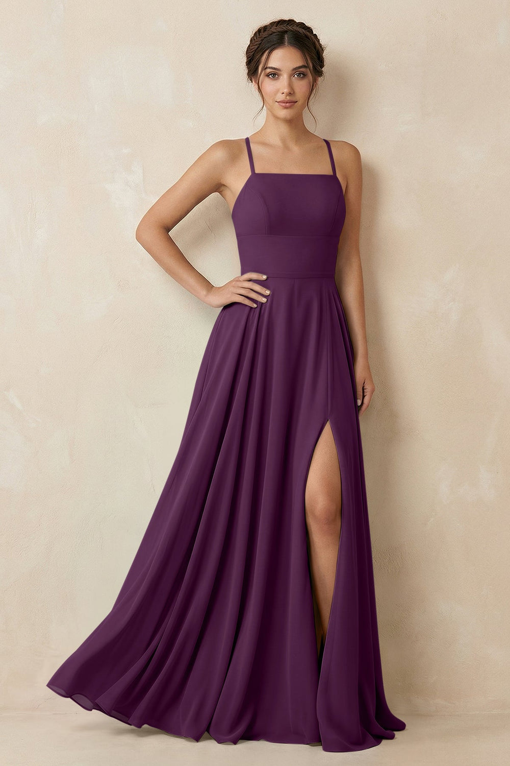 A-Line Chiffon Bridesmaid Dress With Slit in Fig