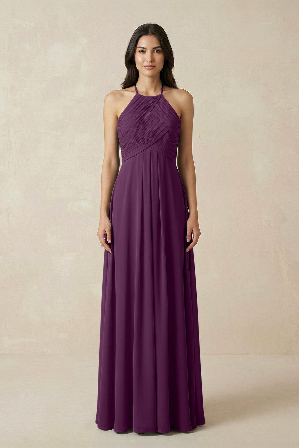 A-Line Halter Neck Pleated Chiffon Bridesmaid Dress in Fig
