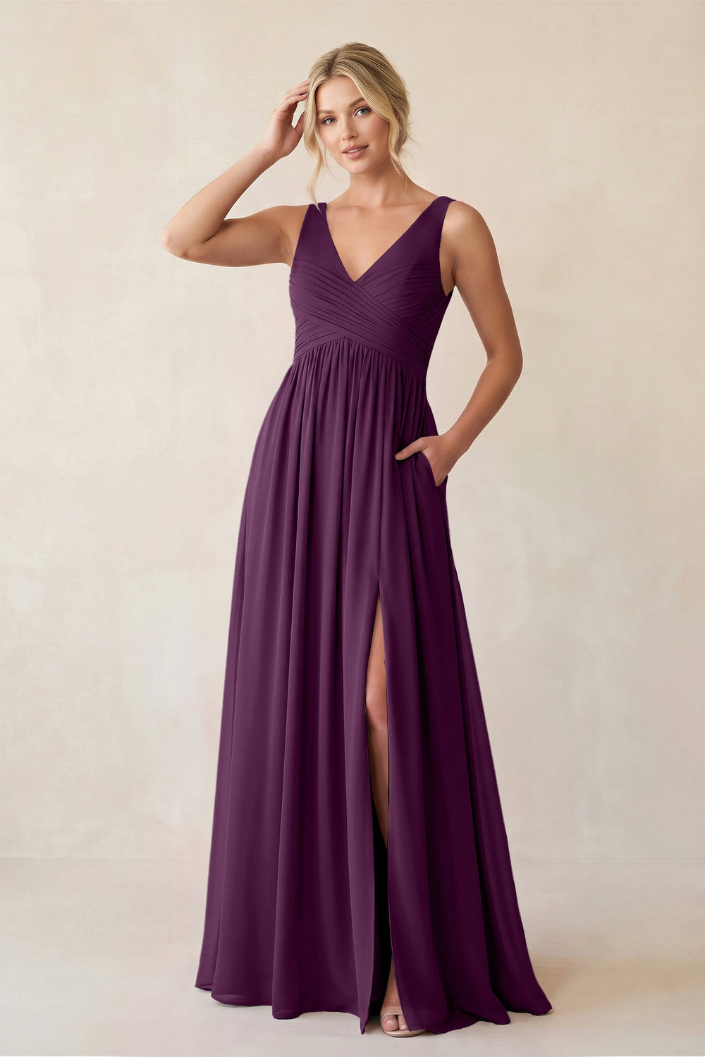 A-Line V-Neck Pleated Chiffon Bridesmaid Dress in Fig
