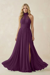 Fig Illusion Halter A-Line Chiffon Bridesmaid Gown | KISSBRIDAL