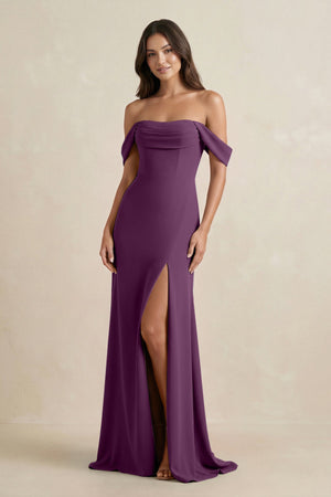 Fig Off-the-Shoulder Sheath Bridesmaid Dress with Slit | KISSBRIDAL